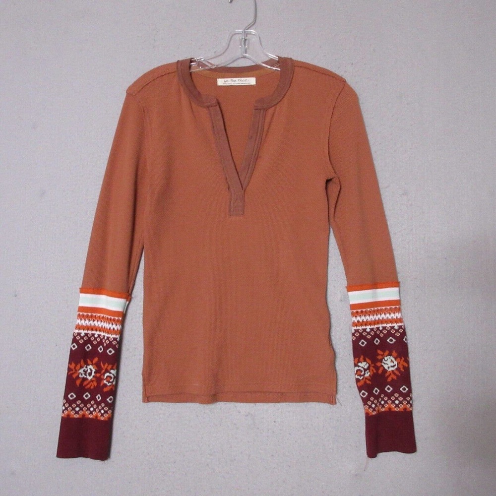 We The Free People Thermal Top Waffle Knit Cuff Boho V Neck Crochet